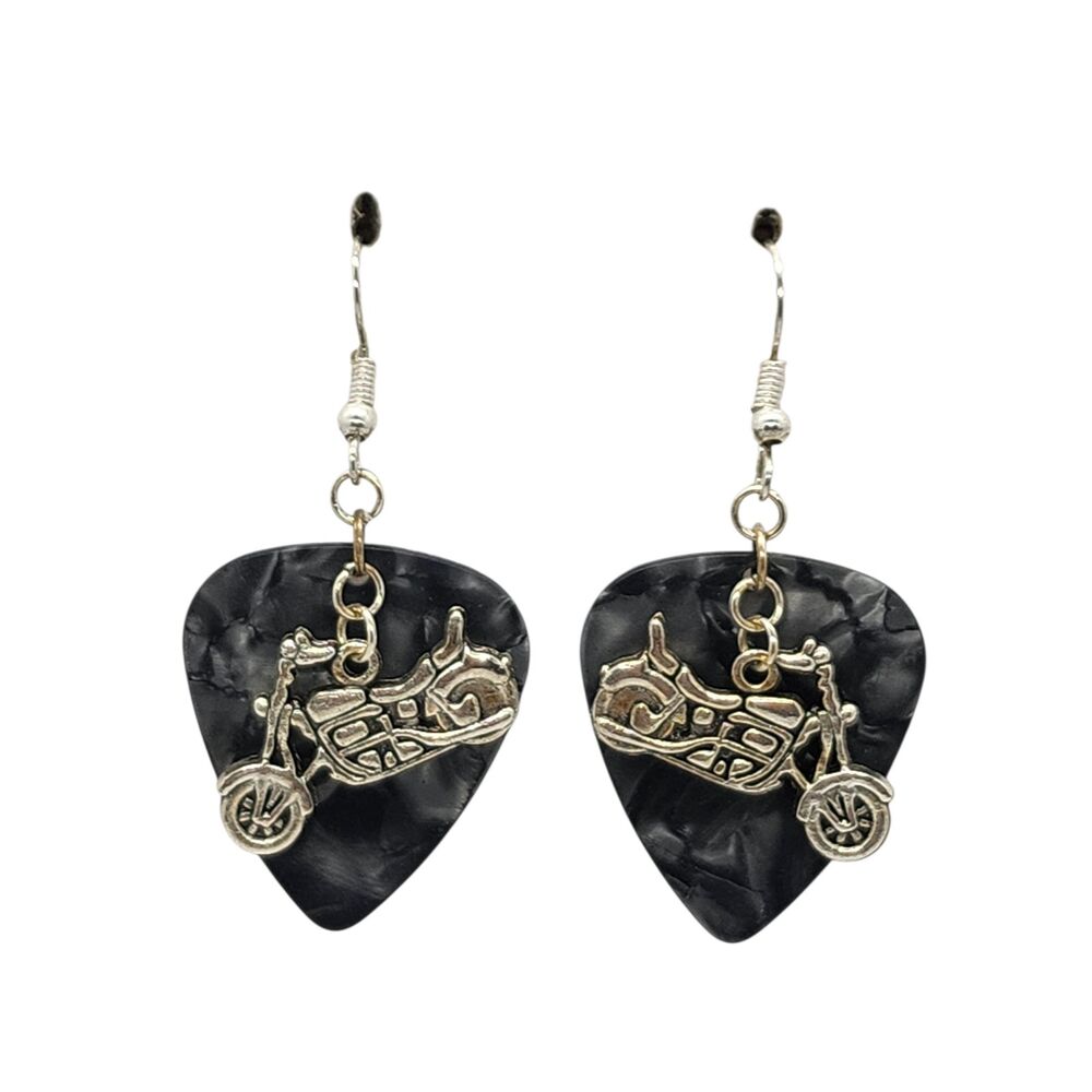 Motorcycle Biker Charm on Guitar Pick Earrings - Choose Color - Handmade in USA